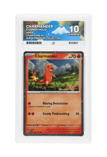 BuyGradedCards CHARMANDER COSMOS HOLO 004/165 ACE GEM MINT 10 - 151 Charizard EX Super-Premium Collection 2024