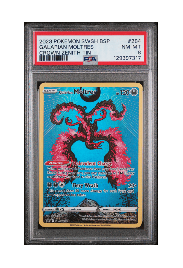 BuyGradedCards GALARIAN MOLTRES SWSH284 PSA NM-MT 8 - Crown Zenith Tins Black Star Promo 2023