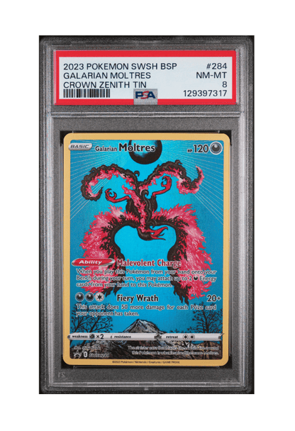 BuyGradedCards GALARIAN MOLTRES SWSH284 PSA NM-MT 8 - Crown Zenith Tins Black Star Promo 2023