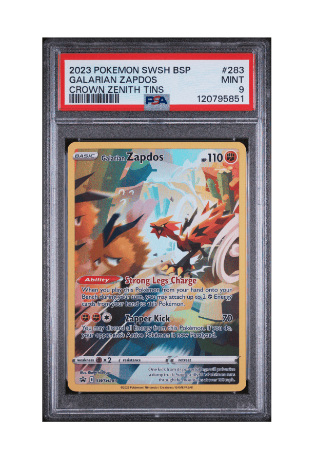 BuyGradedCards GALARIAN ZAPDOS SWSH283 PSA MINT 9 - Crown Zenith Tins Black Star Promo 2023