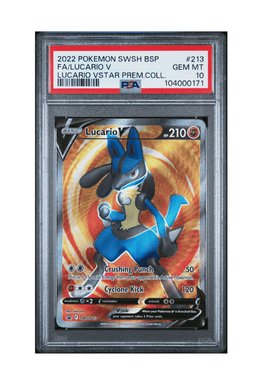 BuyGradedCards LUCARIO V FA SWSH213 PSA GEM MINT 10 - Lucario VSTAR Premium Collection Black Star Promo 2022