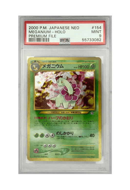 BuyGradedCards MEGANIUM HOLO 154 PSA MINT 9 - Japanese Neo Genesis Premium File 2000