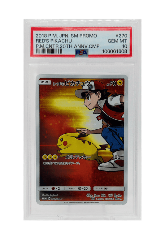 BuyGradedCards RED’S PIKACHU 270/SM-P PSA GEM MINT 10 - Pokemon Center 20th Anniversary Campaign Promo 2018