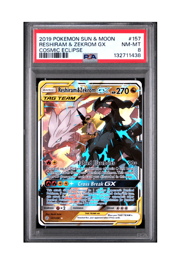 BuyGradedCards RESHIRAM & ZEKROM GX 157/236 PSA NM-MT 8 - Cosmic Eclipse 2019