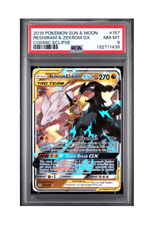 BuyGradedCards RESHIRAM & ZEKROM GX 157/236 PSA NM-MT 8 - Cosmic Eclipse 2019