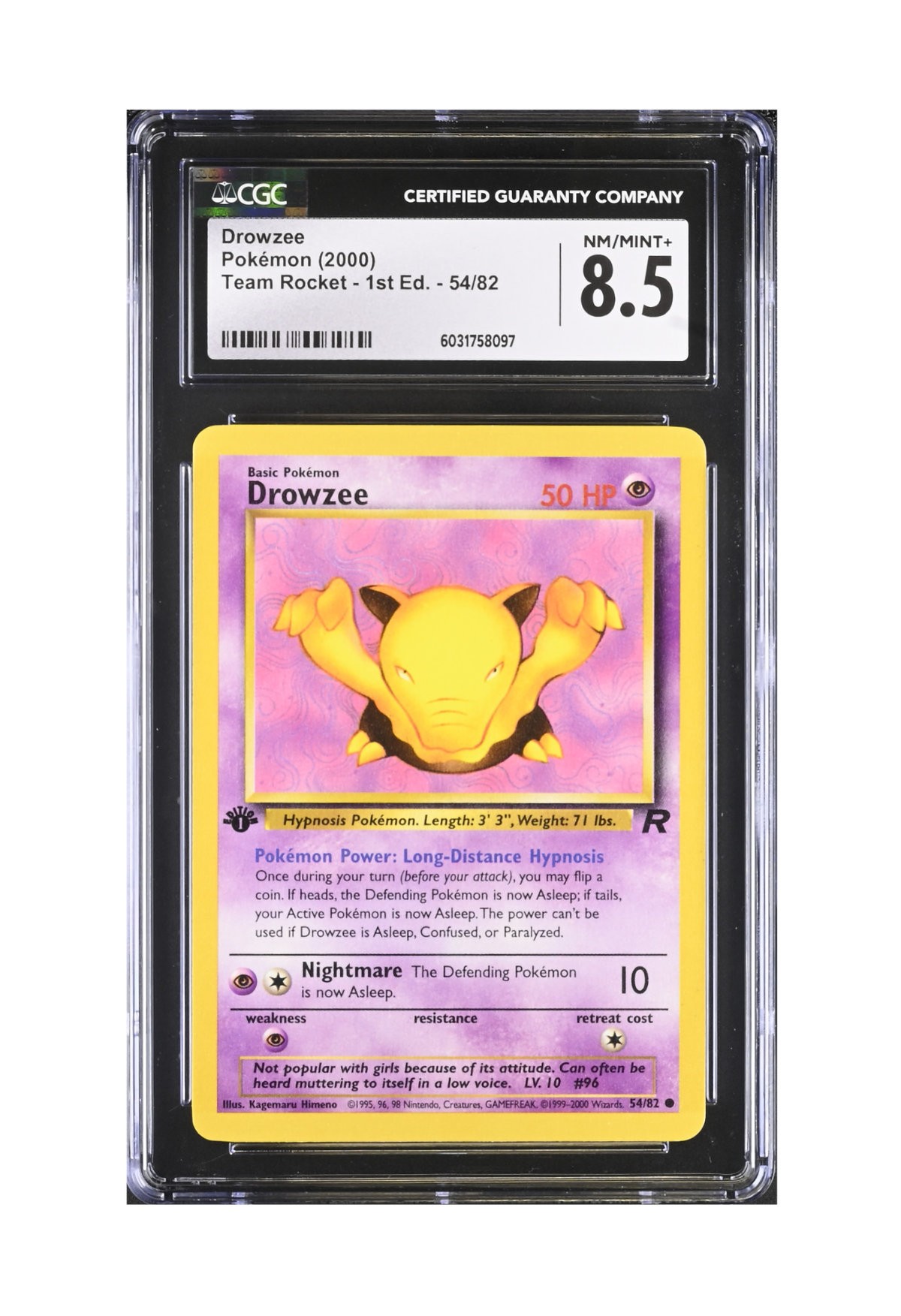 DROWZEE 54/82 (1ST EDITION) CGC NM/MINT+ 8.5 - Pokemon Team Rocket 2000
