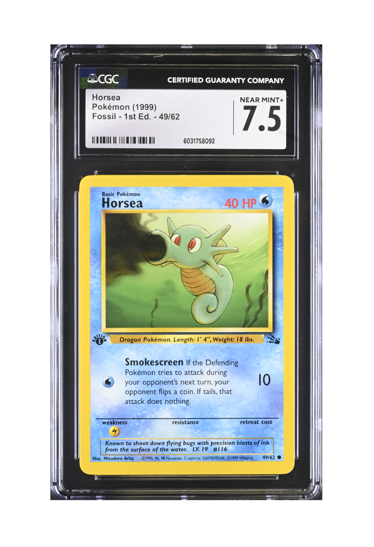HORSEA 49/62 (1ST EDITION) CGC NEAR MINT+ 7.5 - Pokemon Fossil 1999
