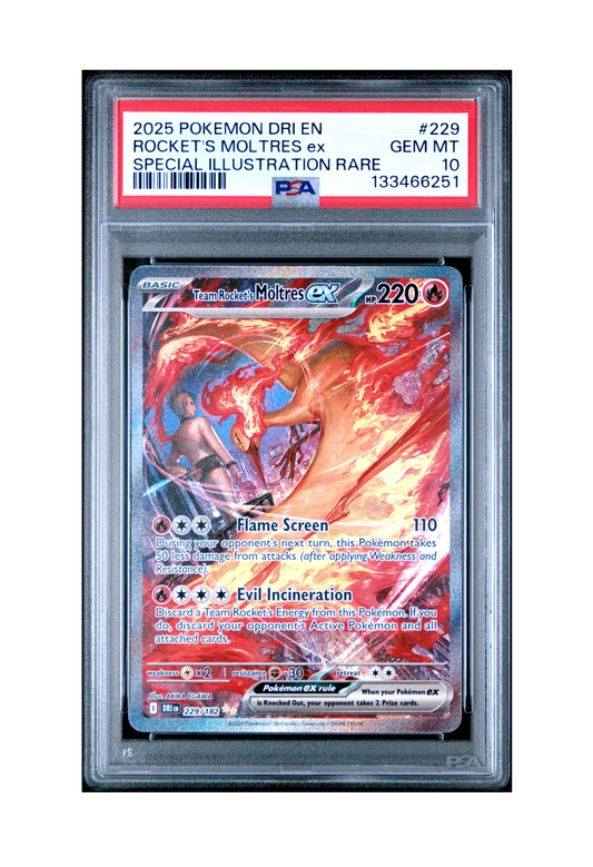 ROCKET’S MOLTRES EX SIR 229/182 PSA GEM MINT 10 - Destined Rivals 2025
