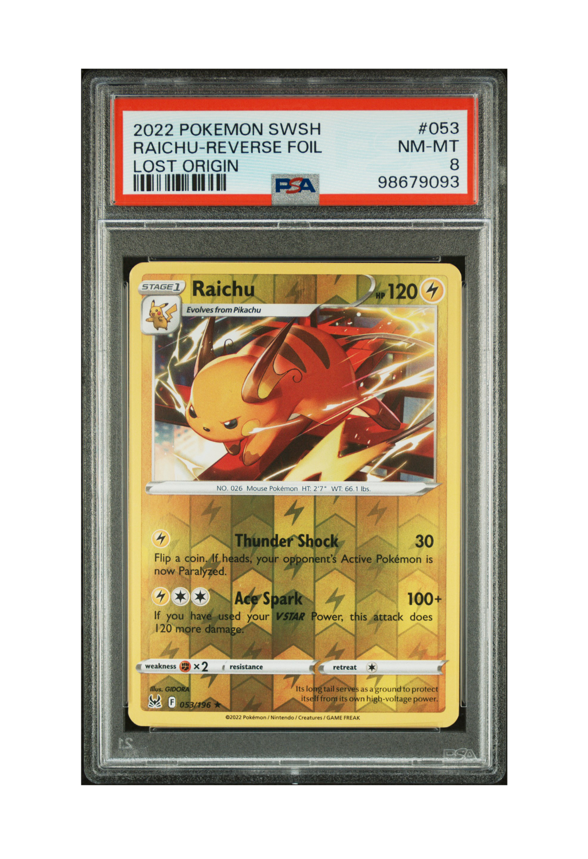 RAICHU REVERSE HOLO 053/196 PSA NM-MT 8 - Lost Origin 2022